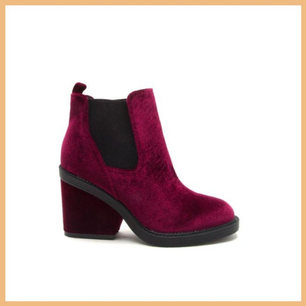 NWT Velvet Chunky Heel Ankle Bootie (Burgundy)